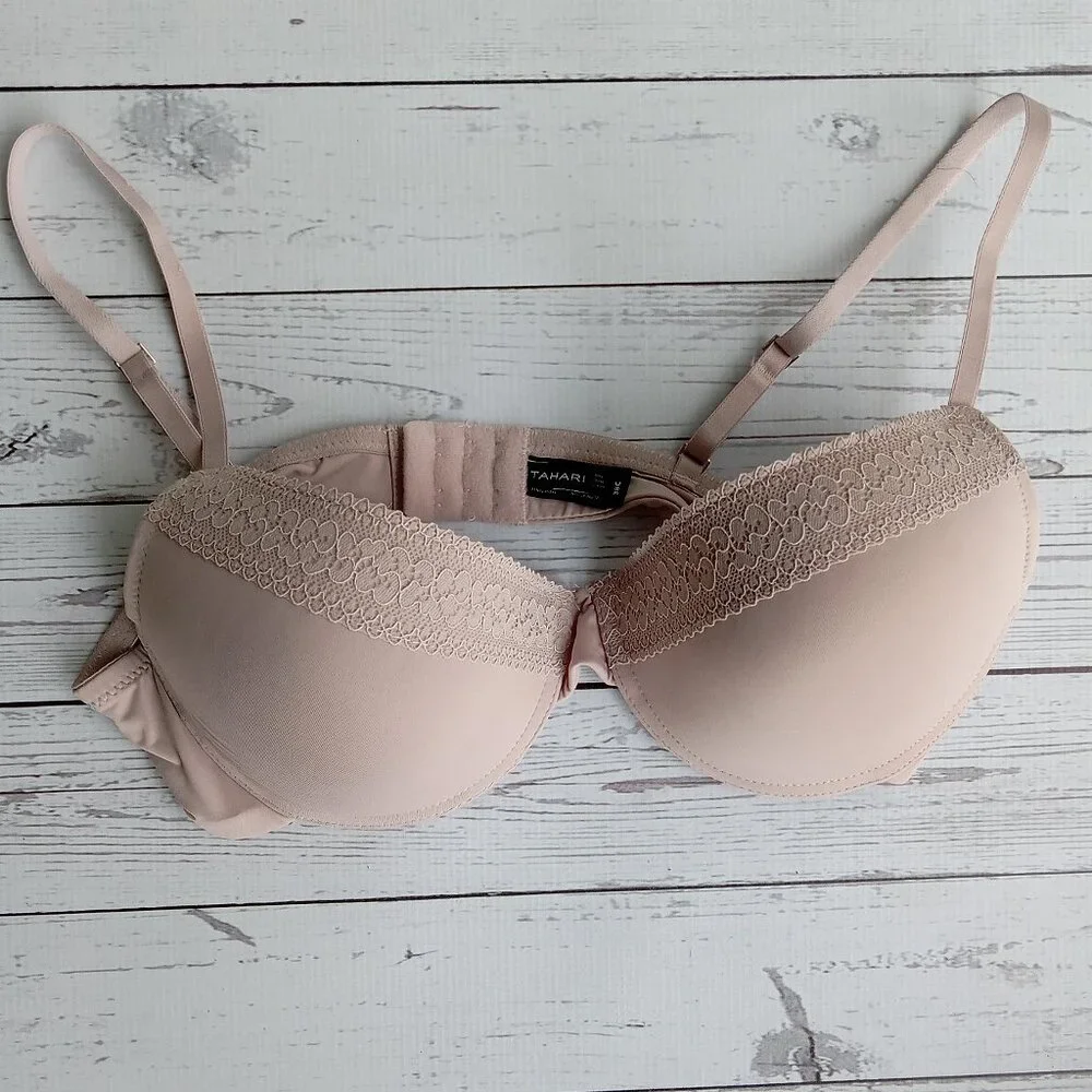 Tahari Bra 38C Padded Seamless Tan‎ Lace Accents Underwire Adjustable bra